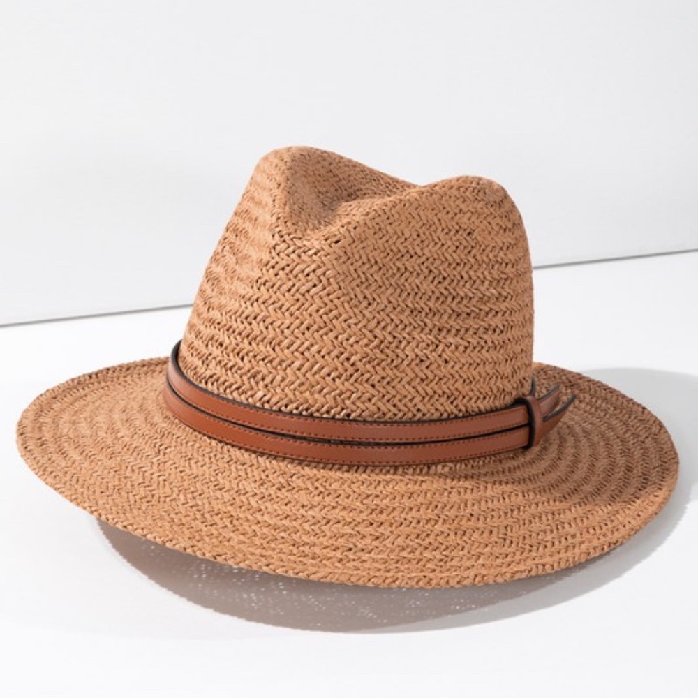 SOLD OUT Light Brown Woven Panama Hat w/ Faux Leather Double Band Women's - Picture 5 of 7